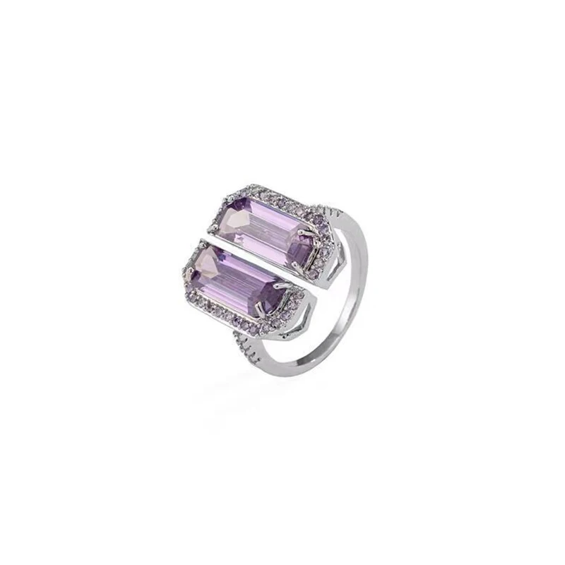 

Micro-Inlaid Zircon Multicolor Square Ice Cube Ring Open Ring Female Personality Gem Index Finger Ring Female Purple Pink Blue