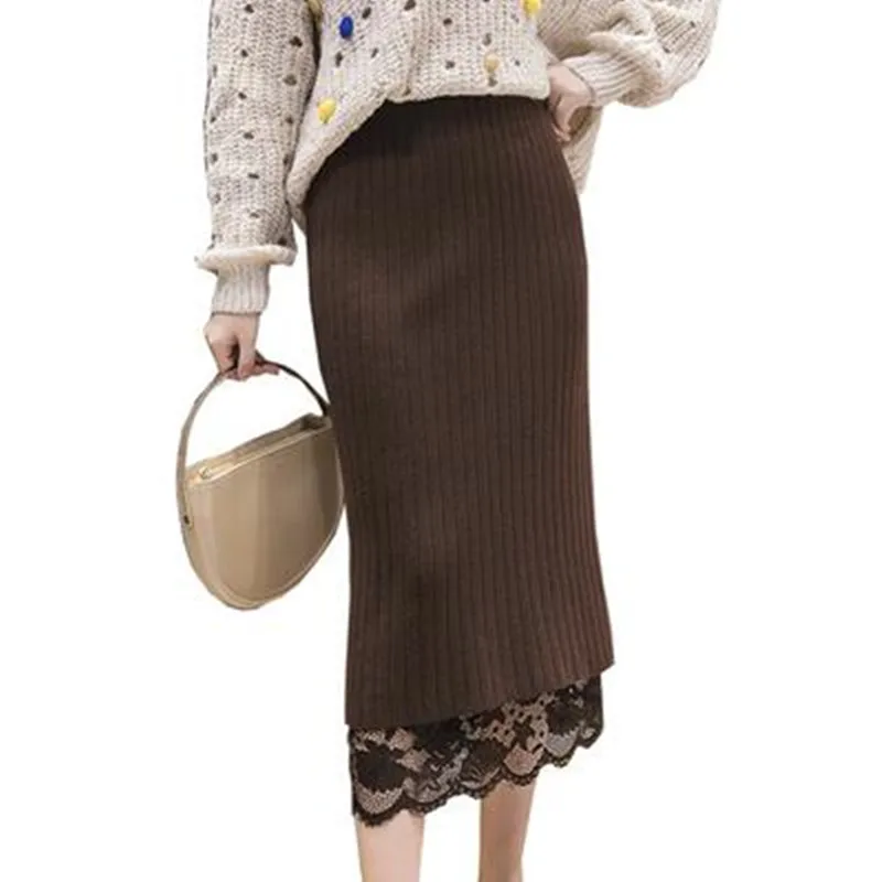 

Autumn Winter Slim Fit Knitted Skirts Women Casual Lace Pencil Skirt Femme Elegant OL Midi Knitting Skirts J840