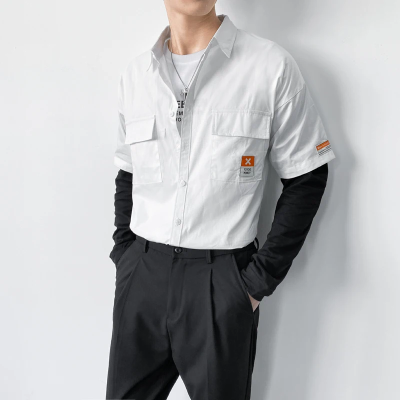 

Fashion 2021 New Fake-2Pieces Loose Shirts Men Clothing Long Sleeve Simple Front Pockets Casual Blouse Homme Streetwear 4Colors