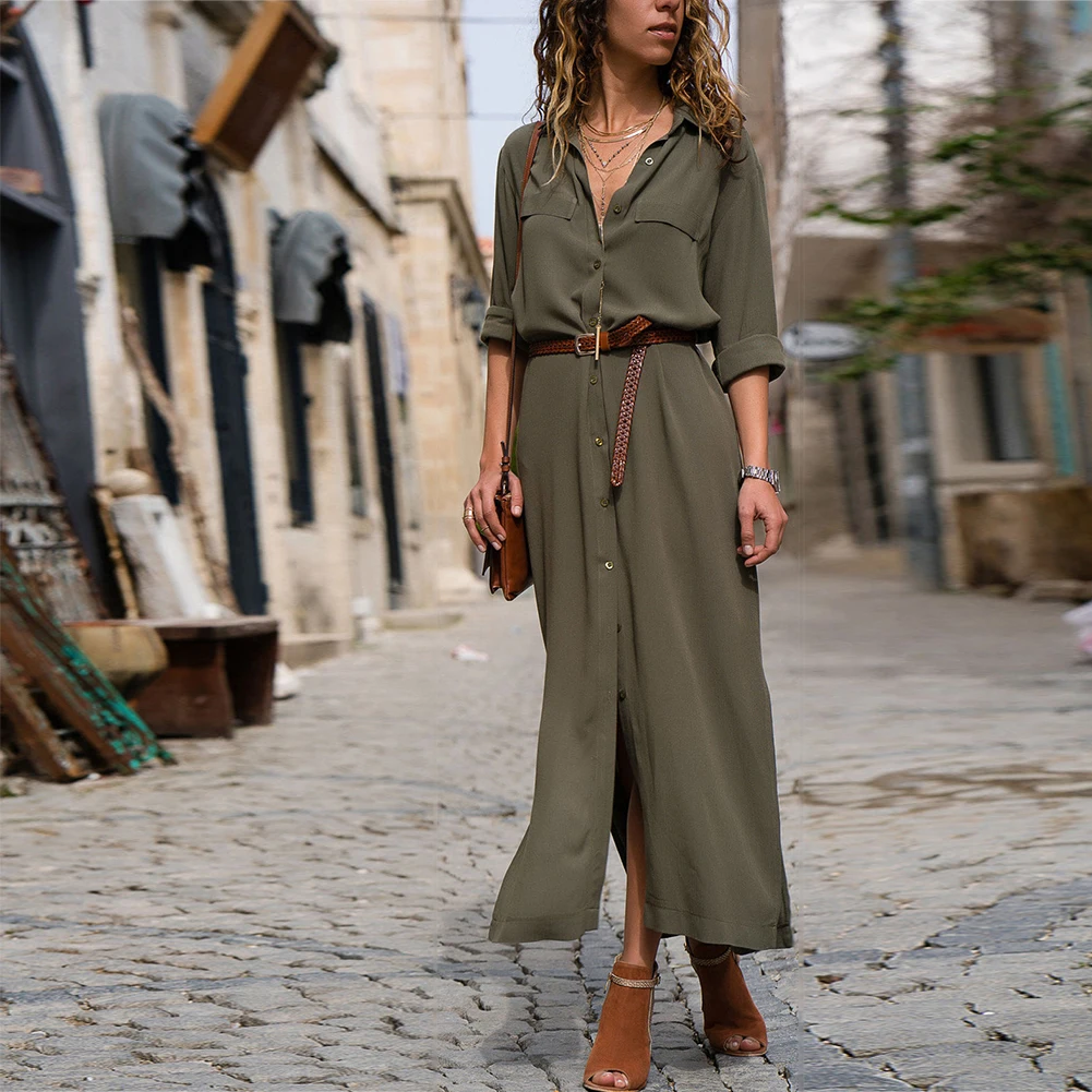 Bikitique свободное однотонное платье-рубашка с длинным рукавом и воротником для