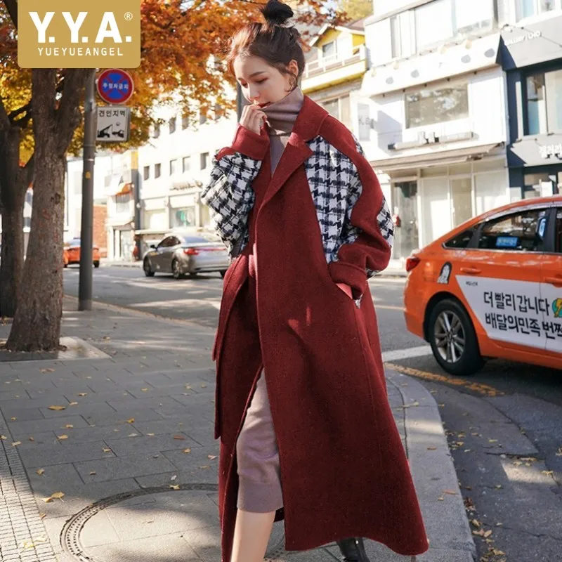 

Women Medium-Long Red Overcoat Winter Thick Loose Plaid Spliced Wool Blend Coat Lapel Elegant Office Lady Sashes Outerwear