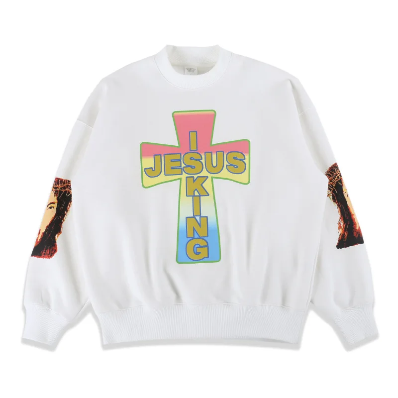 

High Street Hip Hop Kanye West JESUS IS KING Foam Letter Fleece Sweatshirt Men Women Stranger Things Oversize Hoodies Clothing