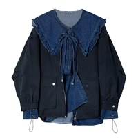 2022 korean streetwear style women two piece tops autumn new vintage washes long sleeve loose denim shirt and dark jacket female