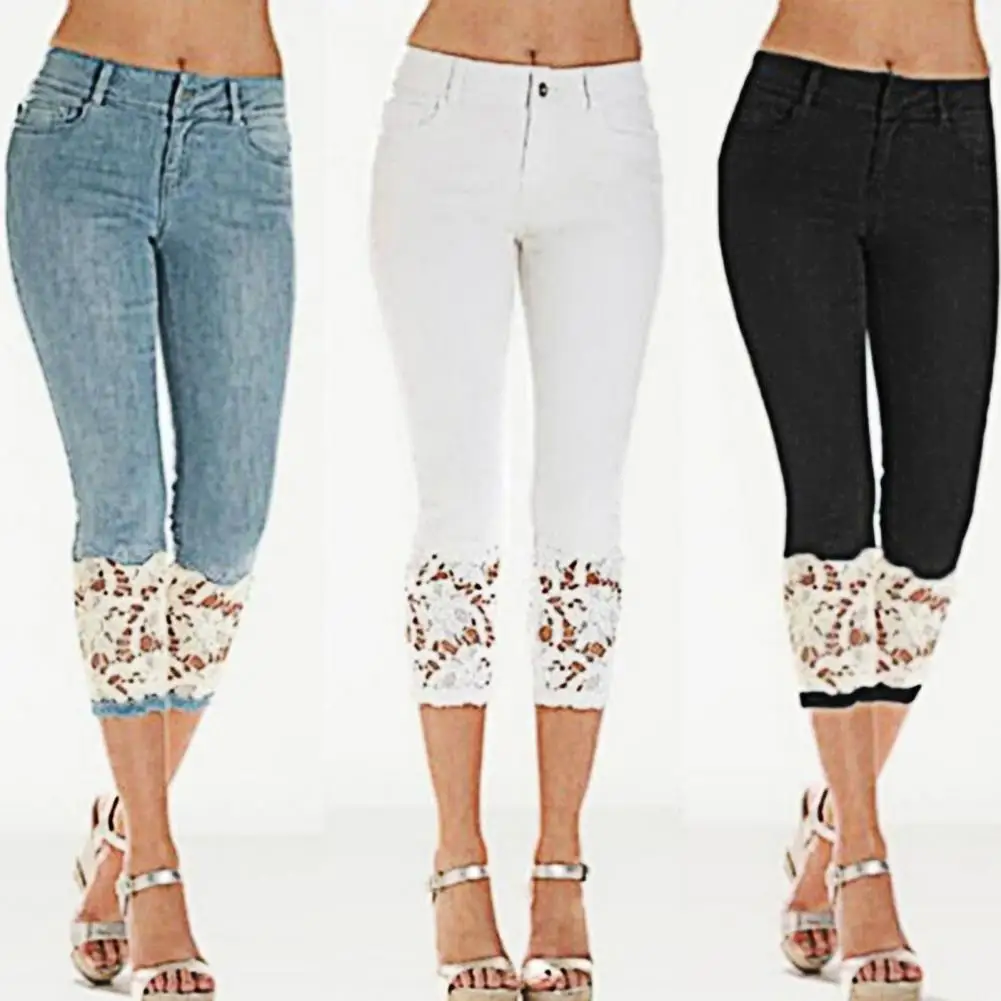 

Denim Capri Pants For Women Lace Stretchy Calf Length Mid Rise Jeans 2021 Summer Vintage Denim Trousers Pants Skinny Jeans
