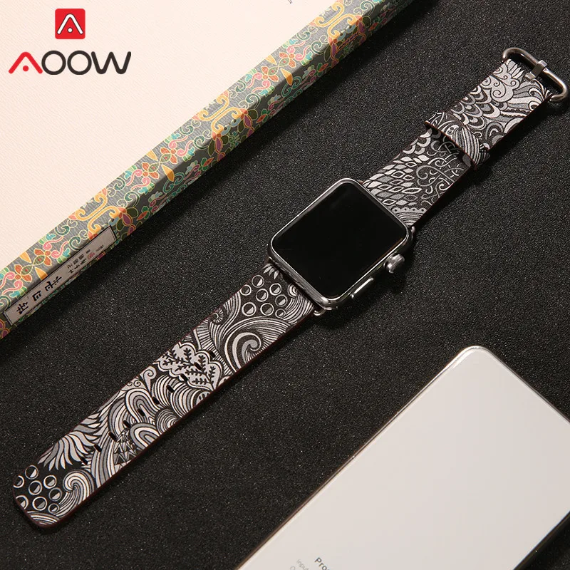 Кожаный ремешок для часов Apple Watch 38 мм 42 мм 40 мм 44 мм цветочный ремешок с цветочным принтом Национальный стиль браслет для iwatch 1 2 3 4