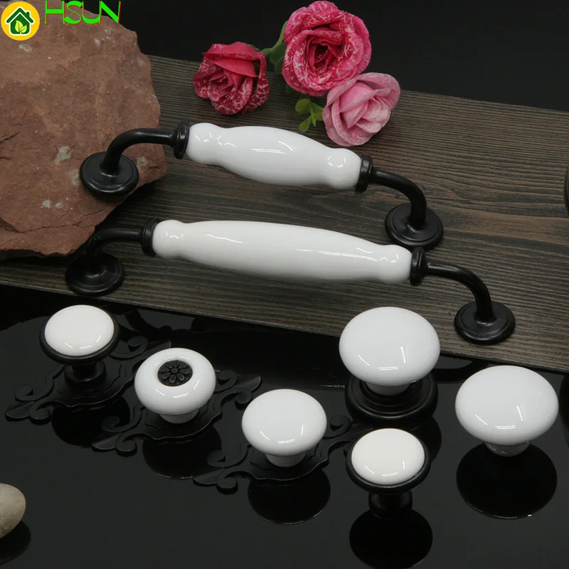 

2 pcs Ceramic handle white ceramic black handle European modern simple pastoral single hole handle cabinet door drawer