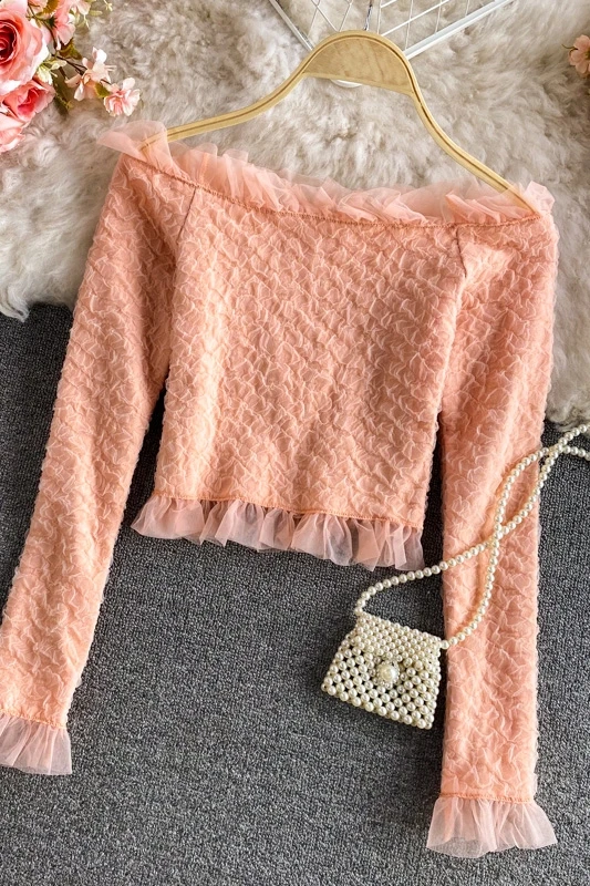 

2021 Summer New French Short Slash Neck Off Shoulder Blouse Korean Fashion Fresh Long Sleeve Chiffon Shirt Sexy Women Chic Top