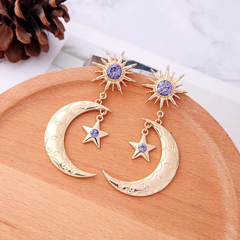 

New Romantic Star Moon Women Drop Earrings Brilliant Purple Color Cubic Zircon Cocktail Party Female Earrings Fashion Jewelry
