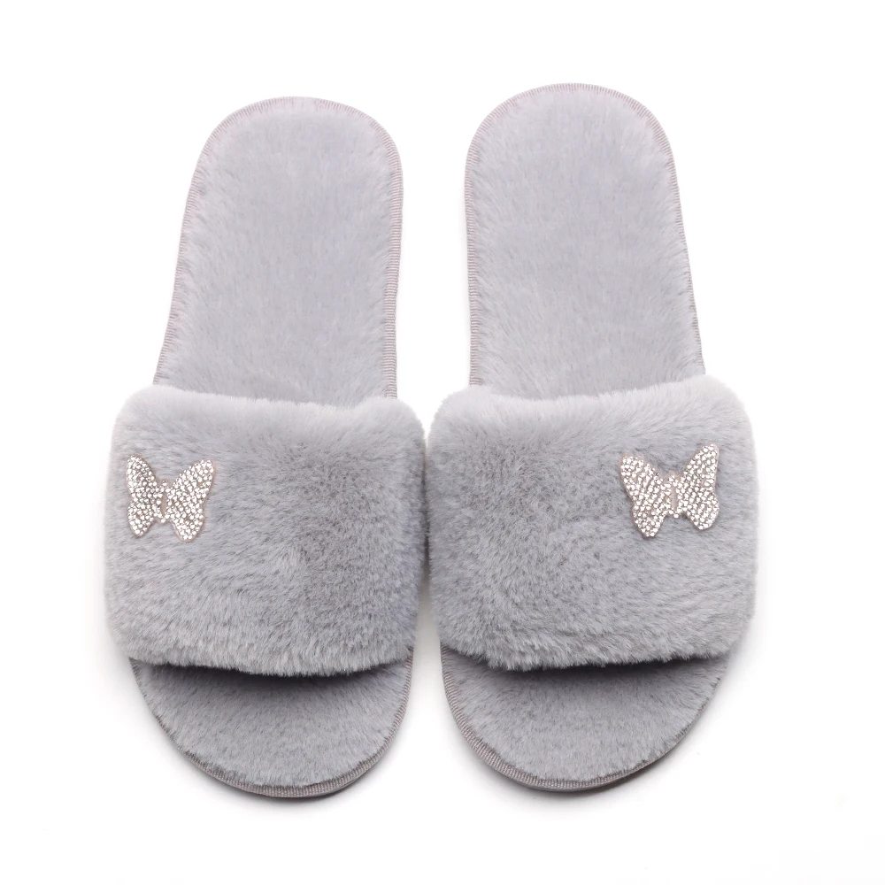 

Slippers Women Luxury Crystal Butterfly Faux Fur Slides Fluffy Flip Flop Platform Fur Sandals Plush Home Slippers Casual Shoes