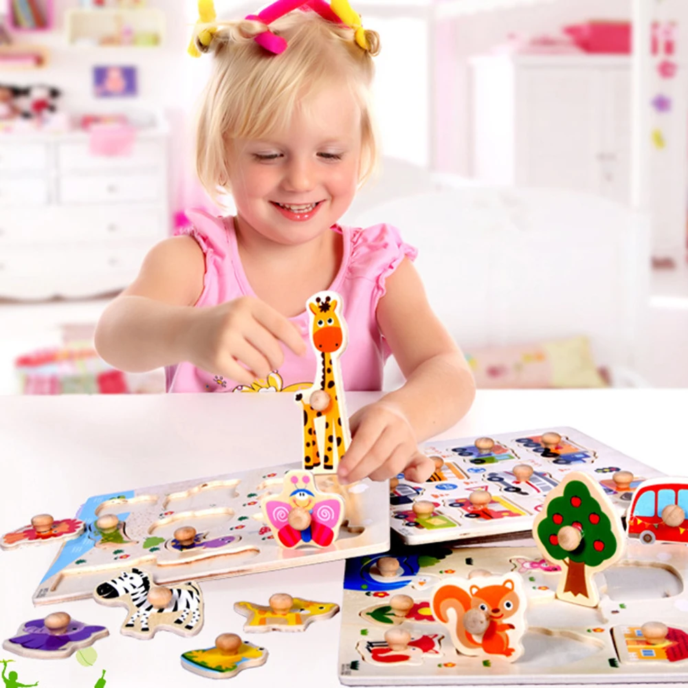 Деревянная доска пазл для ногтей с мультяшными животными игрушка дошкольного