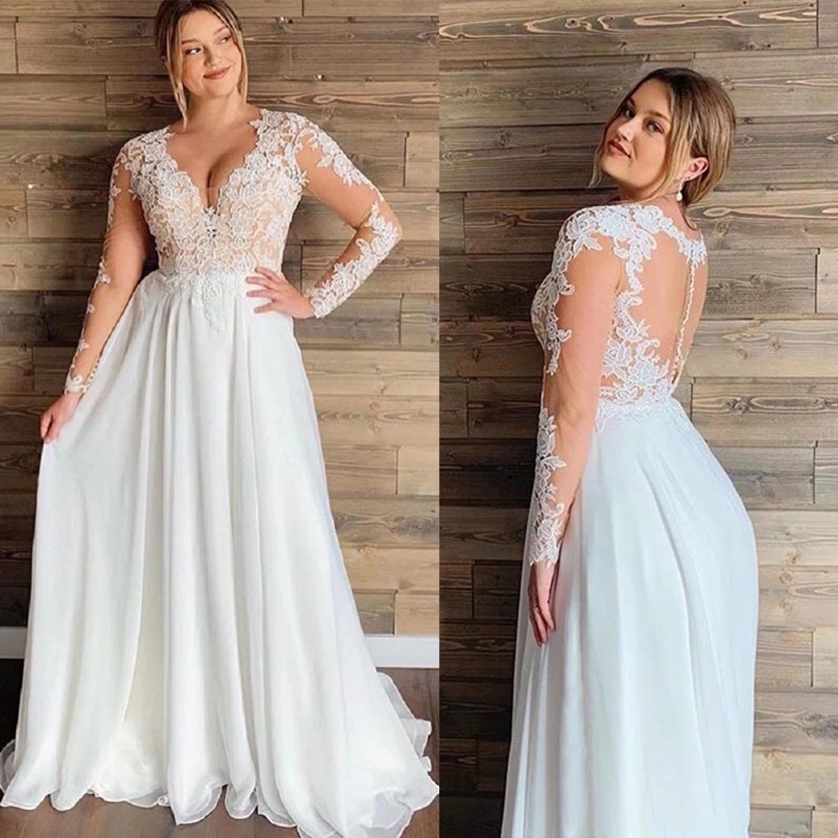 

Tout An Big Size Wedding Dresses 2022 A Line Ivory Chiffon Lace Plus Bridal Gowns V Neck Illusion Button Back Outdoor Marriage