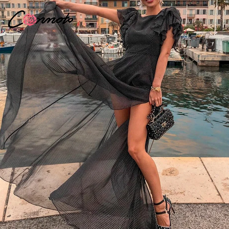 Conmoto черные летние пляжные длинные платья в горошек женское повседневное