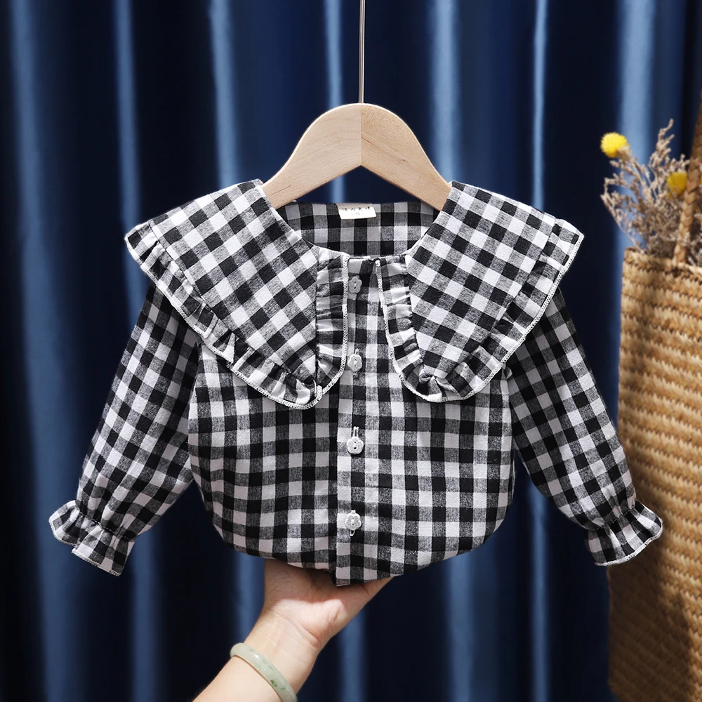

Little Girls Blouse Cotton Shirts Long Sleeve Plaid Shirt Spring Autumn Long Sleeve Turn-down Collar Baby Toddler Tops