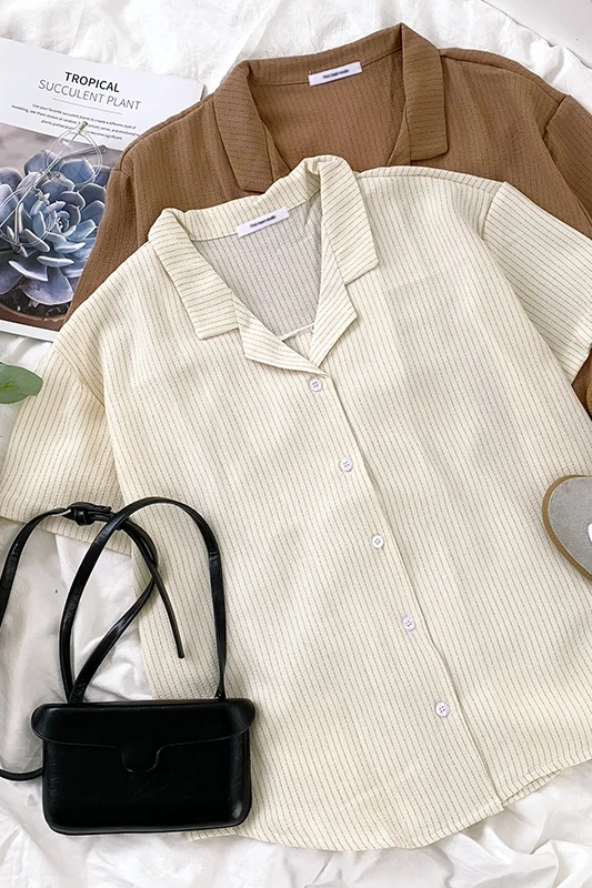 

2021 Summer Women Shirts 3d Striped Short Sleeve Khaki White Female Tops