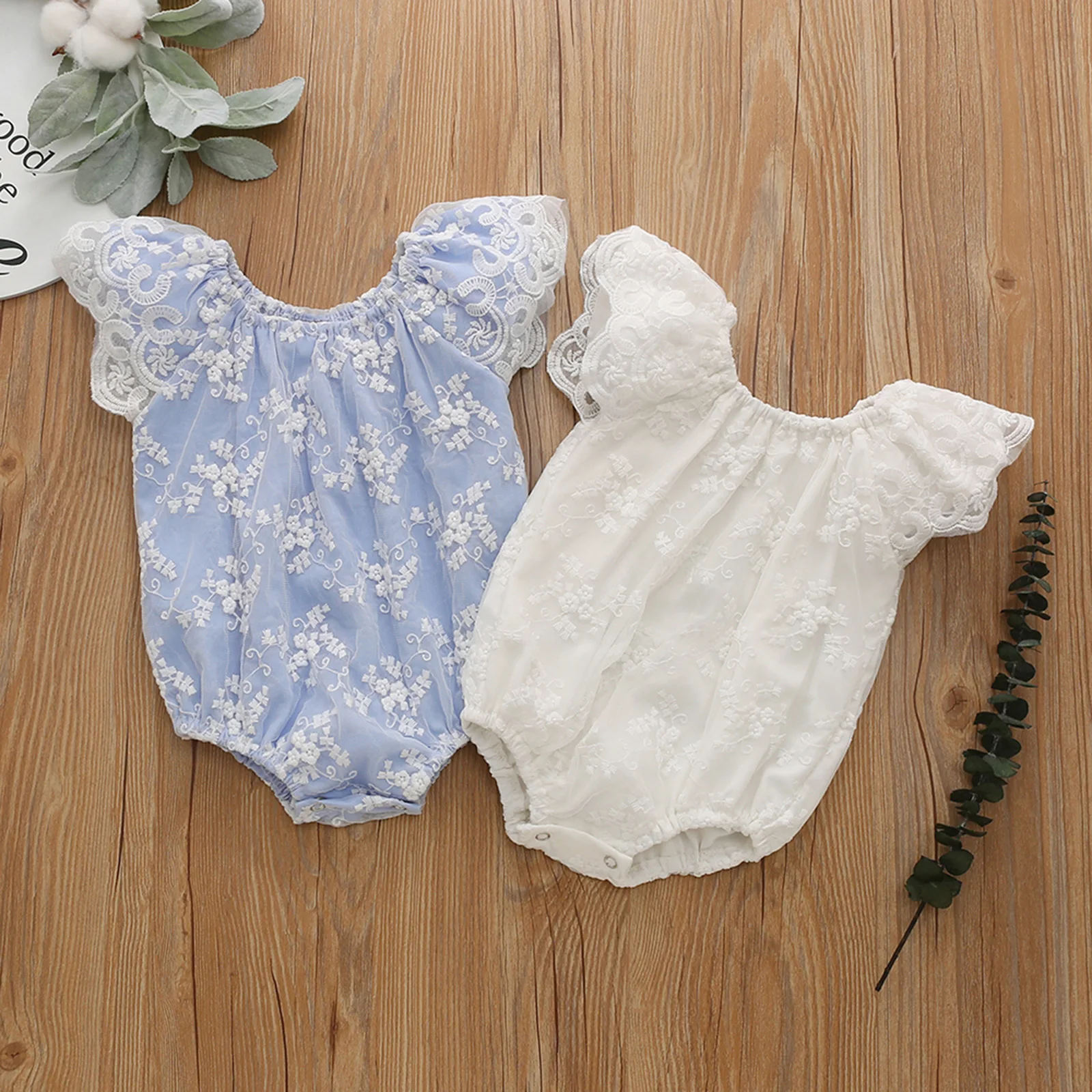 

Toddler Baby Lace Decoration Bodysuit Infants Flying Sleeve Romper, Round Collar Solid Color Clothing