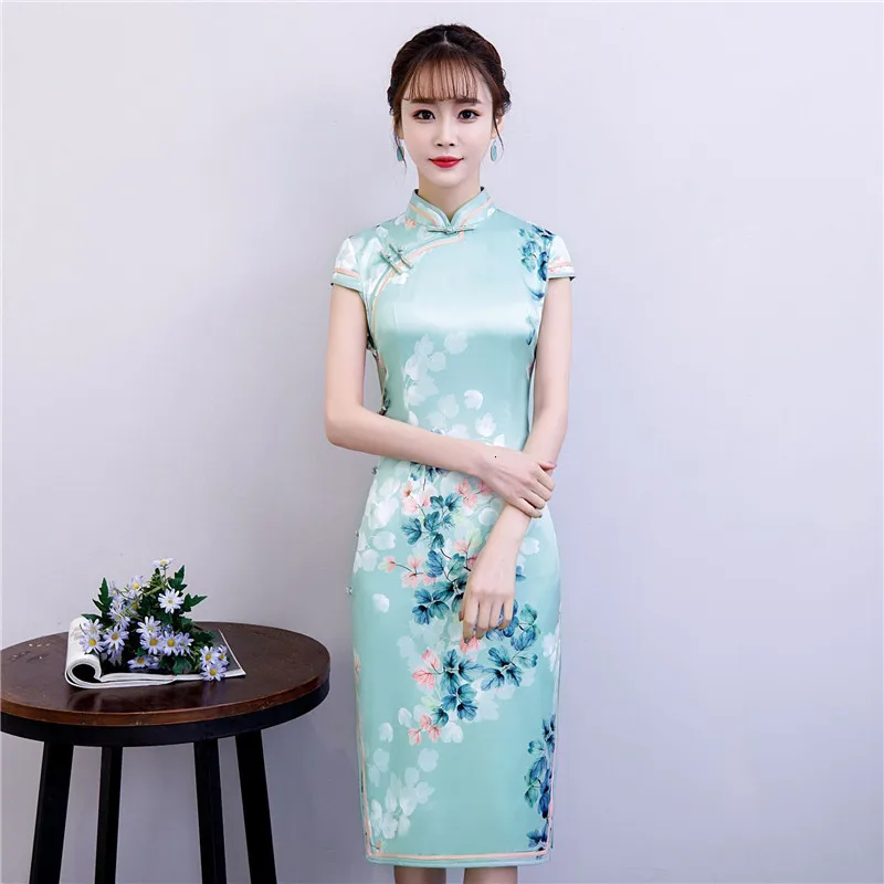 Красное китайское традиционное платье женское шелковое атласное Cheongsam винтажное Ципао летнее платье с коротким рукавом Вечерние Платья с цветочным принтом размера плюс