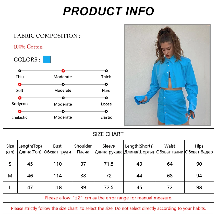 

OOTN Cotton Blue Turn-Down Collar Long Sleeve Single Breasted Crop Top Suits With Skirt Lady High Waist Button Mini Women Set
