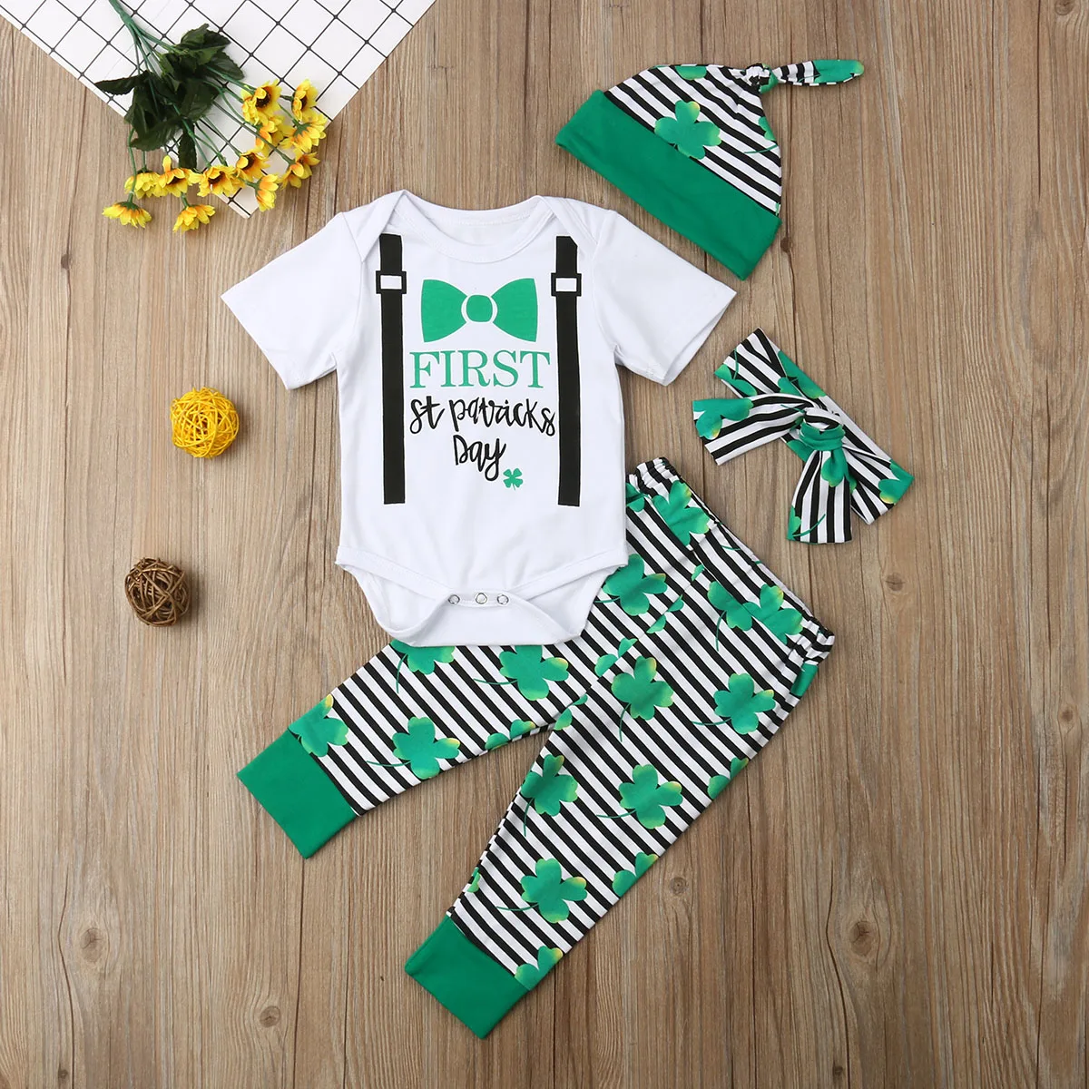 

My 1st St. Patrick's Day Baby Boys Romper Pants & Hat & Headband with Green Clovers Patrick's Day Outfit Set