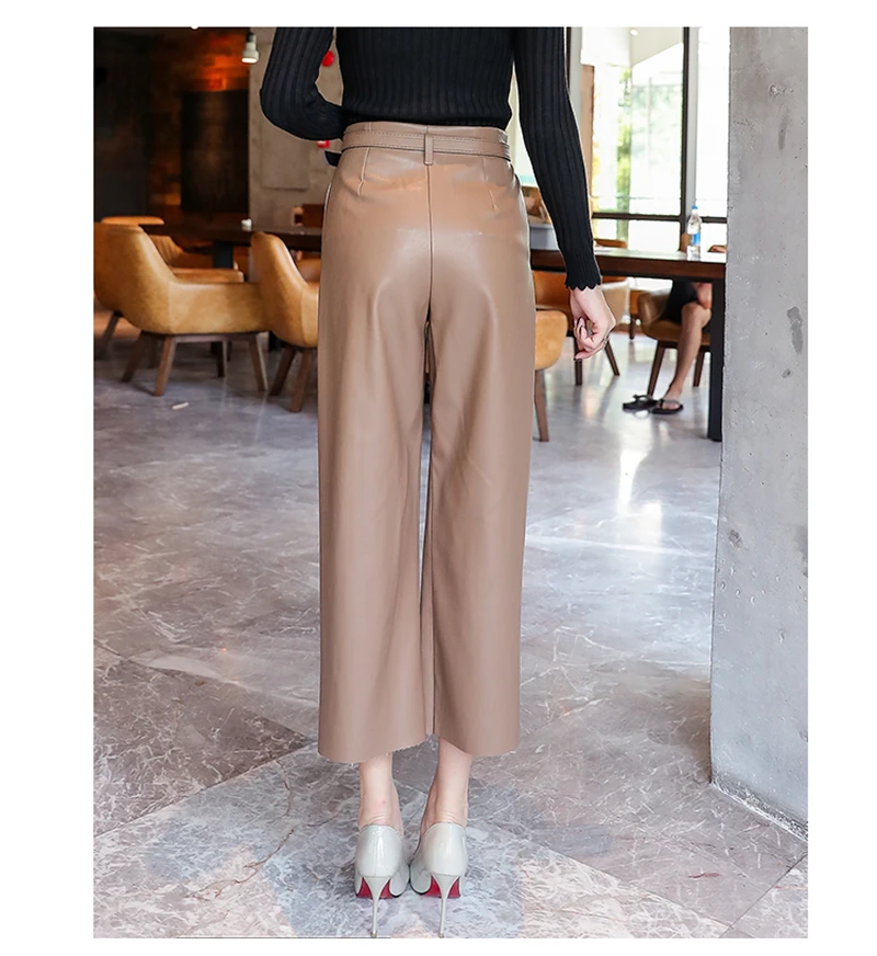 BGTEEVER Black Pu Leather Pants Women High Waist Belted Faux Leather Trousers Female Wide Leg Pants pantalon femme