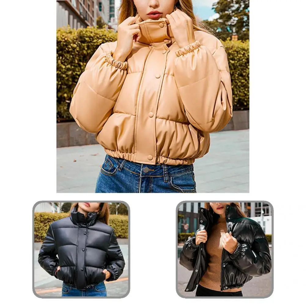 Comfy  Casual Solid Color Stand Collar Thick Jacket Women Winter Coat Stand Collar   for Daily Wear
