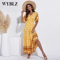 wyblz summer women dresses high waist big swing short sleeve floral dress ladies tassel boho dress party vestidos robe femme