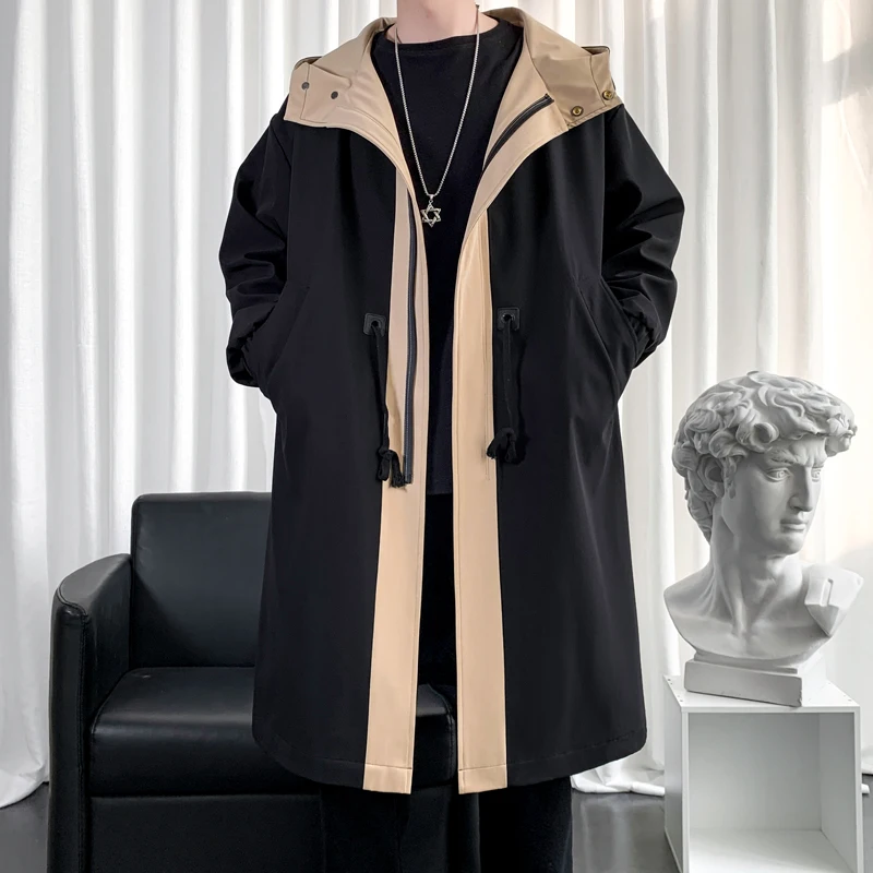 Men's Autumn Casual Long Windbreaker Hooded Jacket Black Khaki Solid Streetwear Winter Thin Overknee Overcoat Mid-Length TopCoat