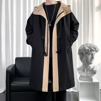 mens autumn casual long windbreaker hooded jacket black khaki solid streetwear winter thin overknee overcoat mid length topcoat