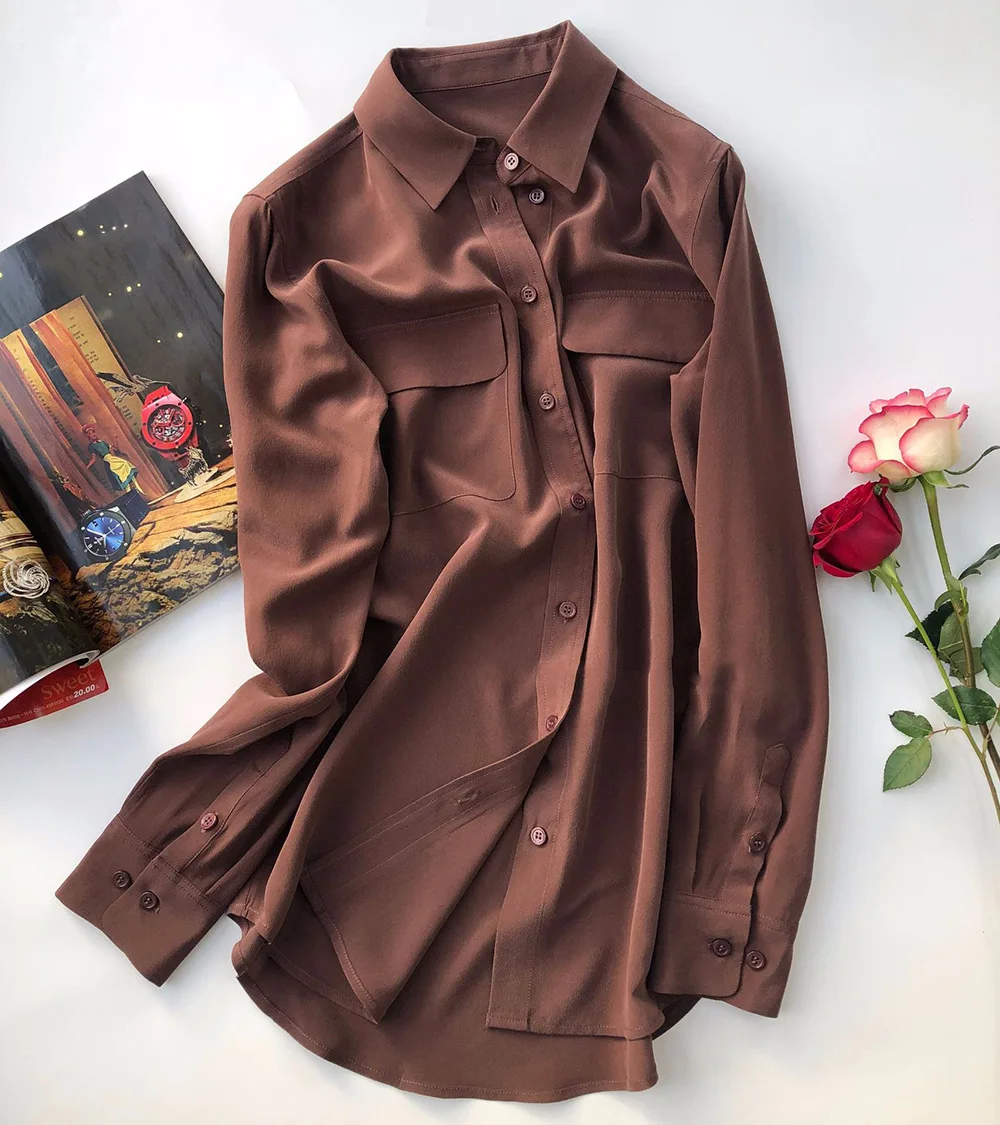 Высококачественная шелковая рубашка с длинным рукавом и отложным воротником