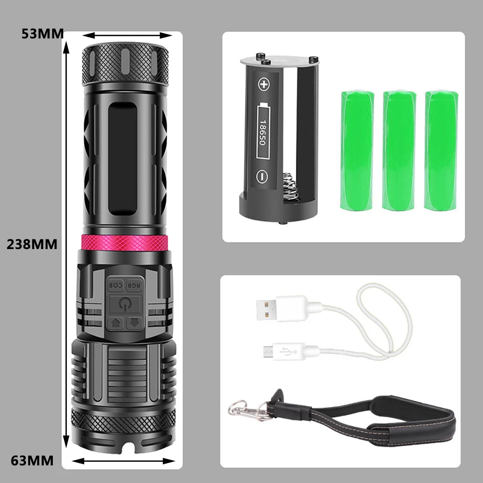 Verkaufen 4-core XHP 90,2 4 Farben Hohe Qualität Led Taschenlampe USB Aufladbare Power 3 Stücke 18650 Batterie Taschenlampe Aluminium Zoom Laterne