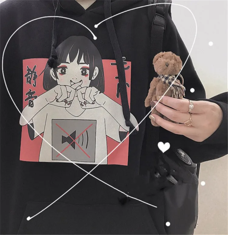 Harajuku Kawaii аниме девушка с капюшоном Толстовка японский Винтаж милый черный флис толстовка с рисунком женский объемный пуловер