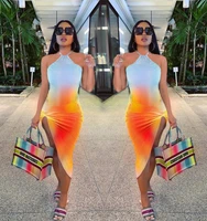 2021 bodycon dress women y2k halter neck summer sleeveless midi backless party sexy dresses beach gradient colorful dress sling