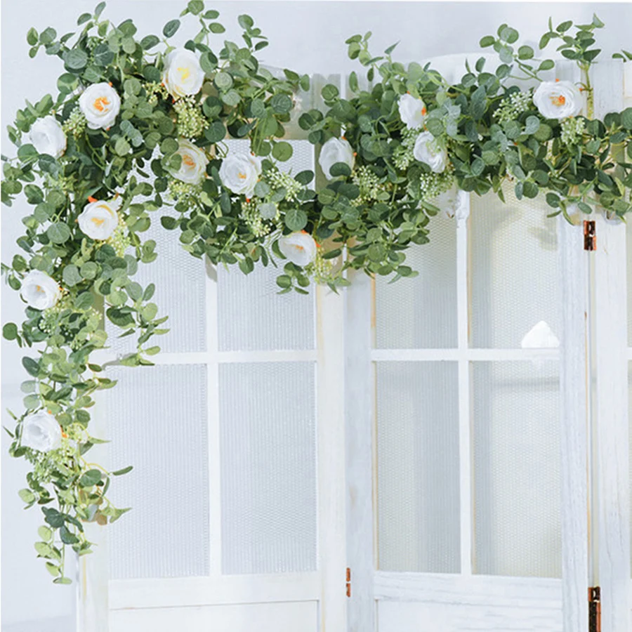 

Artificial Flowers Eucalyptus Vine Garland Rose Flowers Vine Wedding Decoration Fake Plants Wall Rattan Garden Home Decor