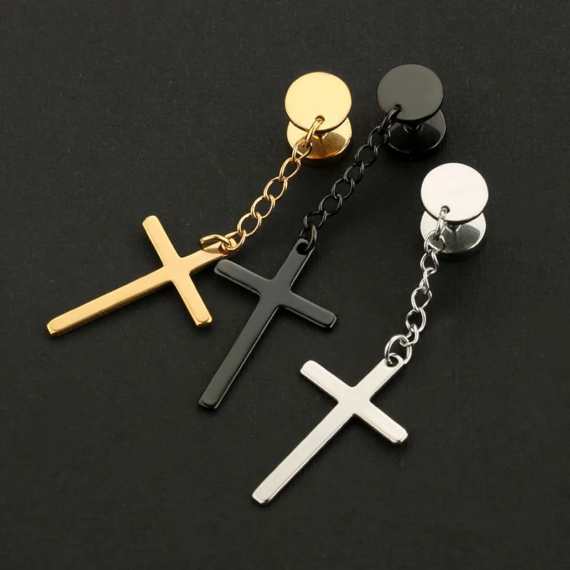 

Korean Fashion Religious Cross Dangle Ear Plugs Titanium Steel Women Cross Barbell Hip Hop Street Party Men's Jewelry Earring