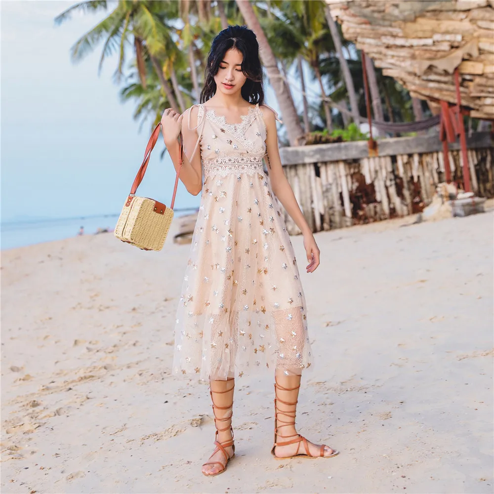 

Summer Spaghetti Strap Sexy Sequined Stars Embroidery Lace Decorated Mid-Calf Mesh Sleeveless Dresses Elegant Beach Dresses Lady