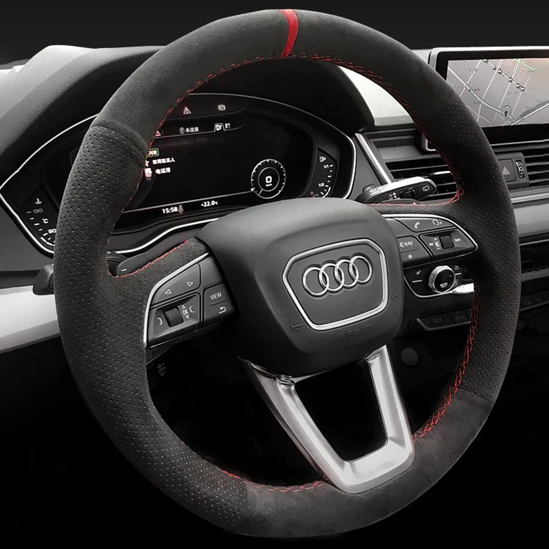 

For Audi A6L A4L A3 A5 A7 A8 A1 Q3 Q5 Q7 DIY Customized black suede perforated leather special car steering wheel cover