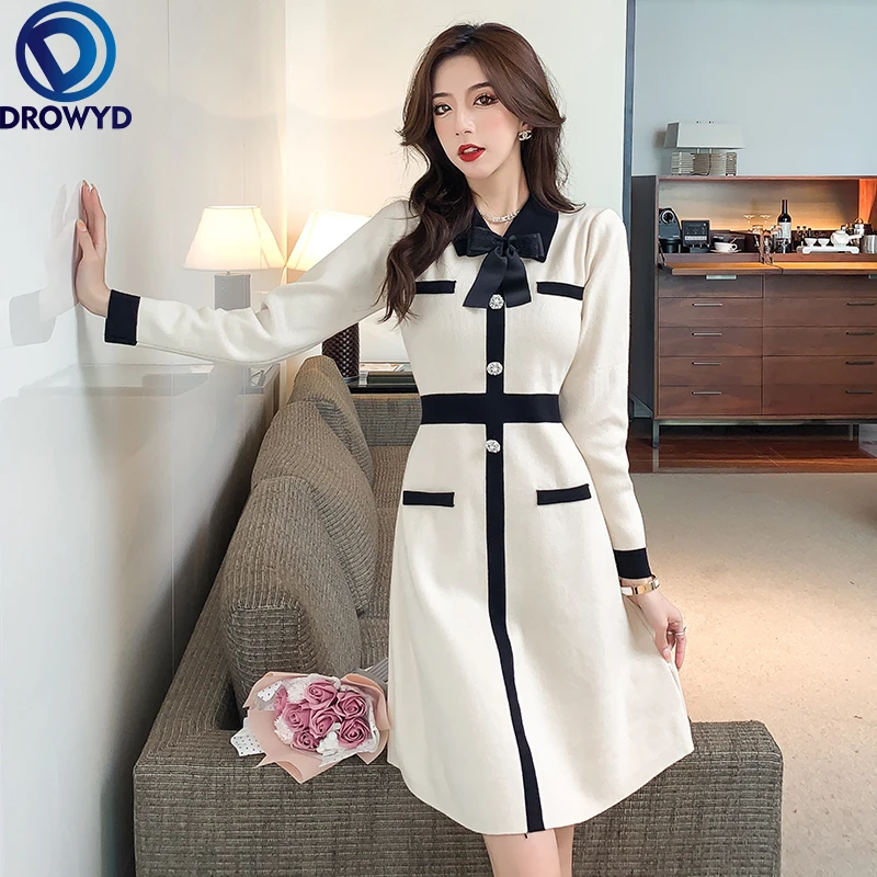 

Elegant Women Beading Button Knitted Dress Plus Size Chic Autumn Black White Hit Color Pearl Bowknot Lapel Collar Sweater Dress