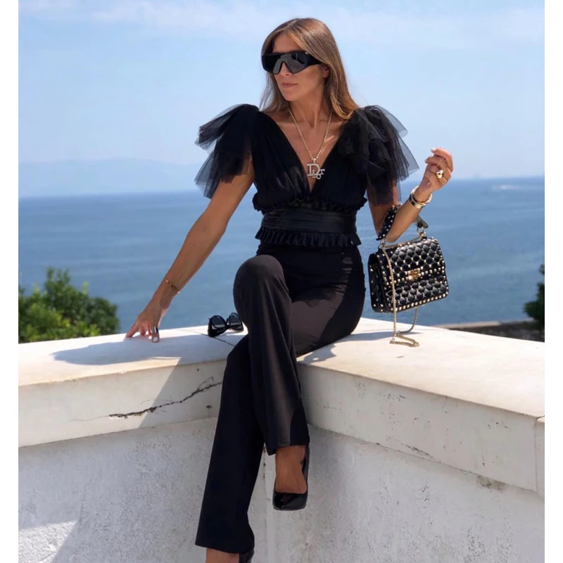 Женские Элегантные белые вечерние комбинезоны с v образным вырезом облегающий