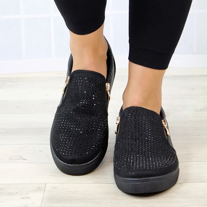 

Spring Shoes Women Crystal Slip-On Flat Loafers Zipper Embossed Leather Ladies Glitter Platform Fashion Female Moccasins 2021