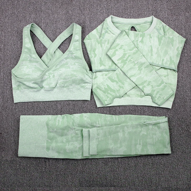 

NORMOV 3PCS Camouflage Two Piece Set Women Tracksuit Fitness Crop Top And Leggings Sports Wear Women Sports Suits
