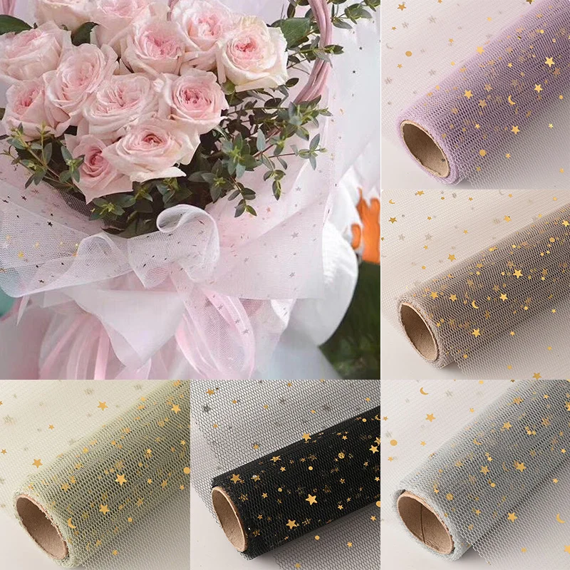 

50cm X 5 Yard/roll Star Moon Soft Lace Mesh Wrapping Paper Flower Bouquet Florist Supplies DIY Decor Valentine's Day Gift Wrap