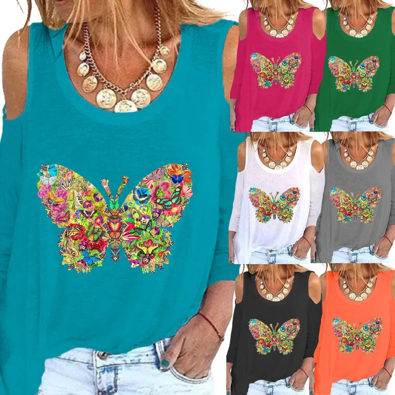 

Spring/autumn Fashion Women Casual Butterfly Print Loose Off Shoulder T-shirts Round Neck Plus Size Long Sleeve Blouse Tops