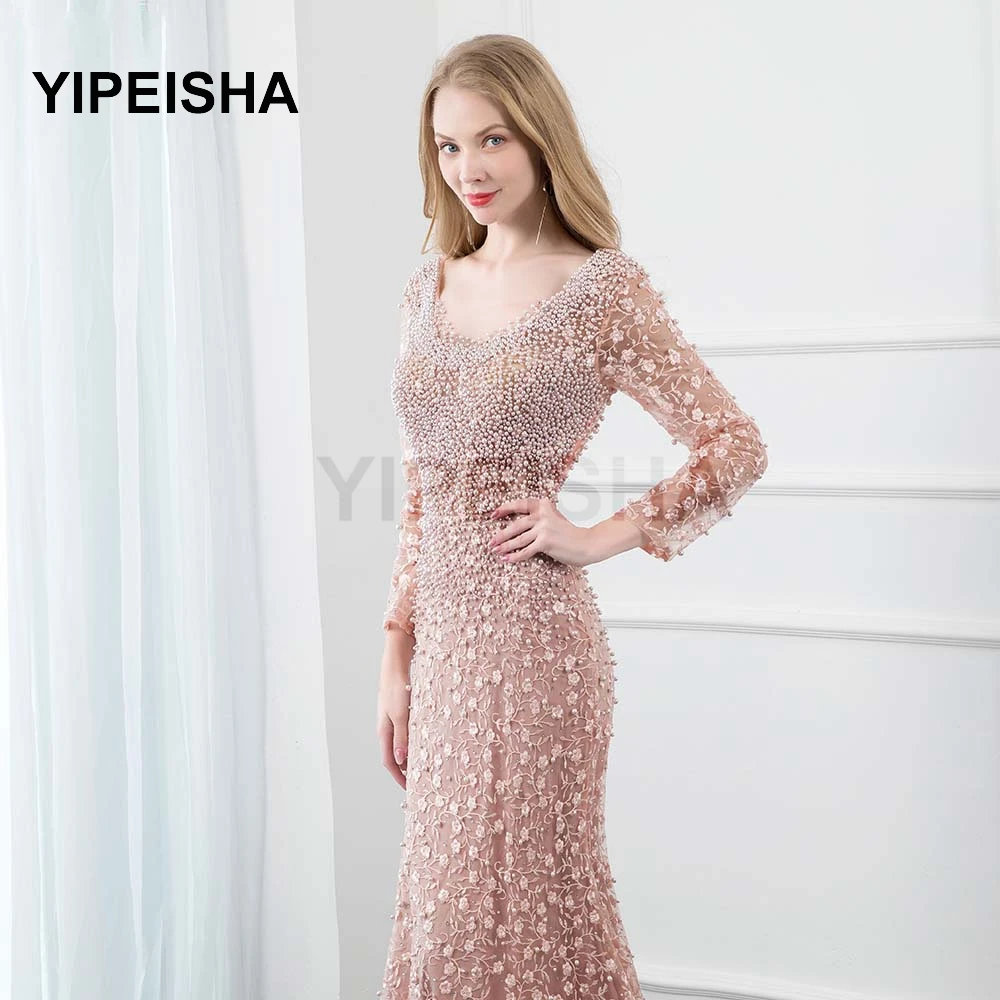 

Dusty Pink Lace Embroidered Long Evening Dress Full Sleeve Pearls Crystals Mermaid Formal Women Prom Party Gowns robes de soire