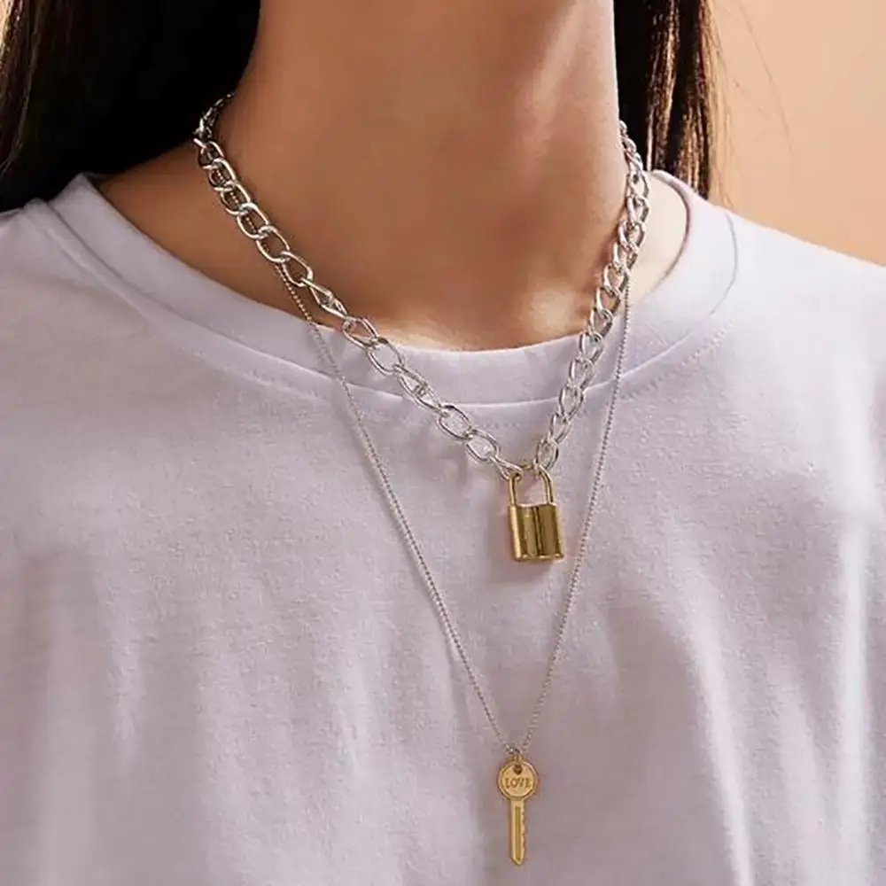Женское многослойное ожерелье SHIXIN в стиле панк с цепочкой и замком подвеска