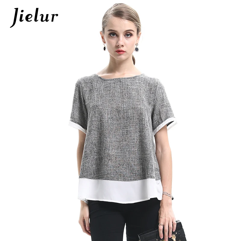 Jielur 2019 Летние шифоновые Лоскутные женские футболки с короткими рукавами новая