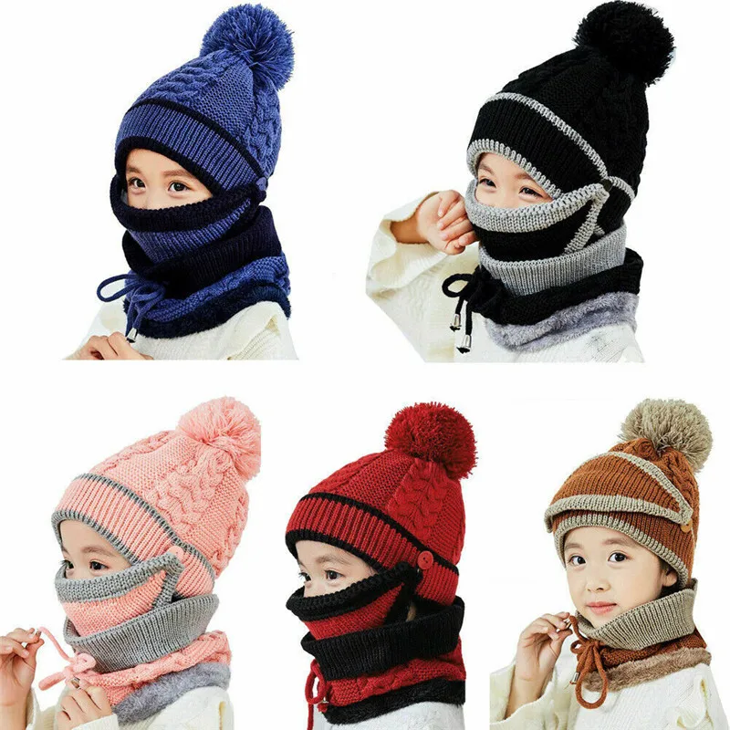 

3pcs Winter Kids Beanie Hat Scarf Mouth Mask Set Knitted Beanie Warm Fleece Ski Outdoor Hat Pompom Girl Boy Child Face Keep Warm