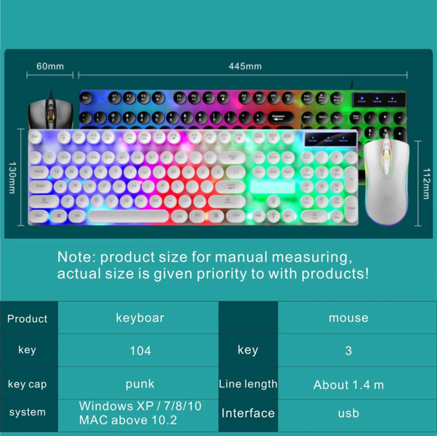 

Mouse and Keyboard Combo USB Wired LED Backlit Ergonomic Luminous Punk Key Hat Dazzle Color Keyboard Mouse For PC Computer