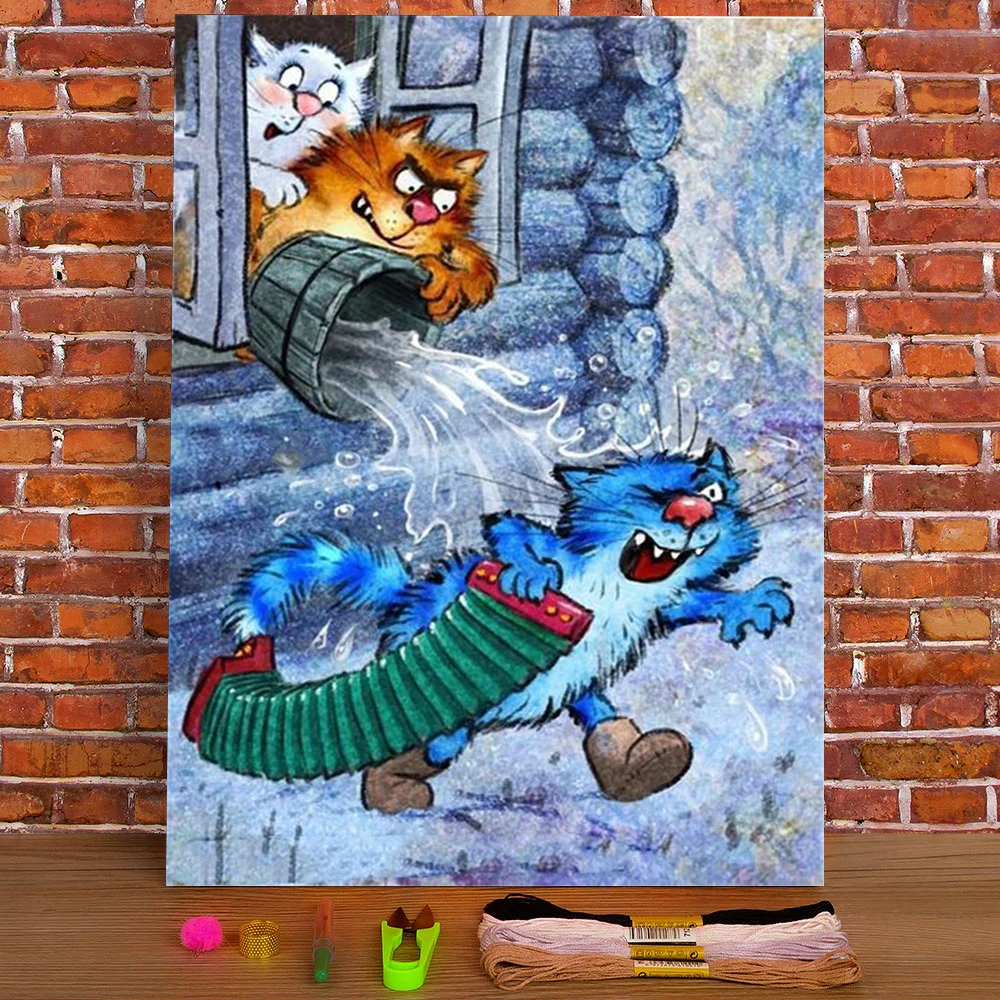 

Холст с мультяшным изображением голубого белого кота 11CT Набор для вышивки крестиком «сделай сам» DMC нитки для вязания картина рукоделие под...