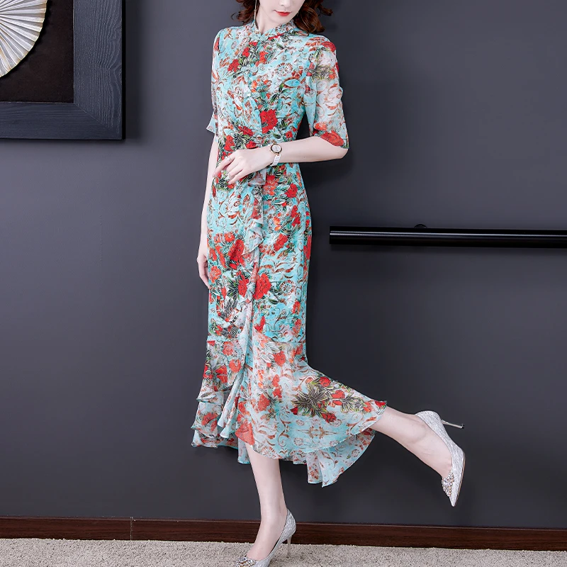 

COIGARSAM Women Dress Summer Cheongsam Vintage Ruffles Print Short Sleeve Stand Neck Dresses Traf Vestidos Robe