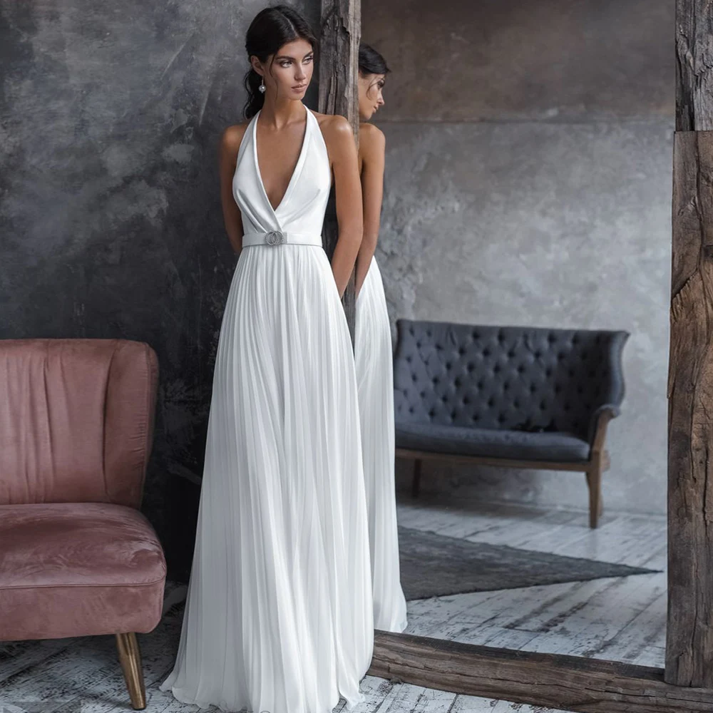 

Simple White Wedding Dresses for Bride 2021 Sashes Pleat Ruched Sexy Chiffon Halter Sleeveless Sweep Train Backless Bridal Gowns