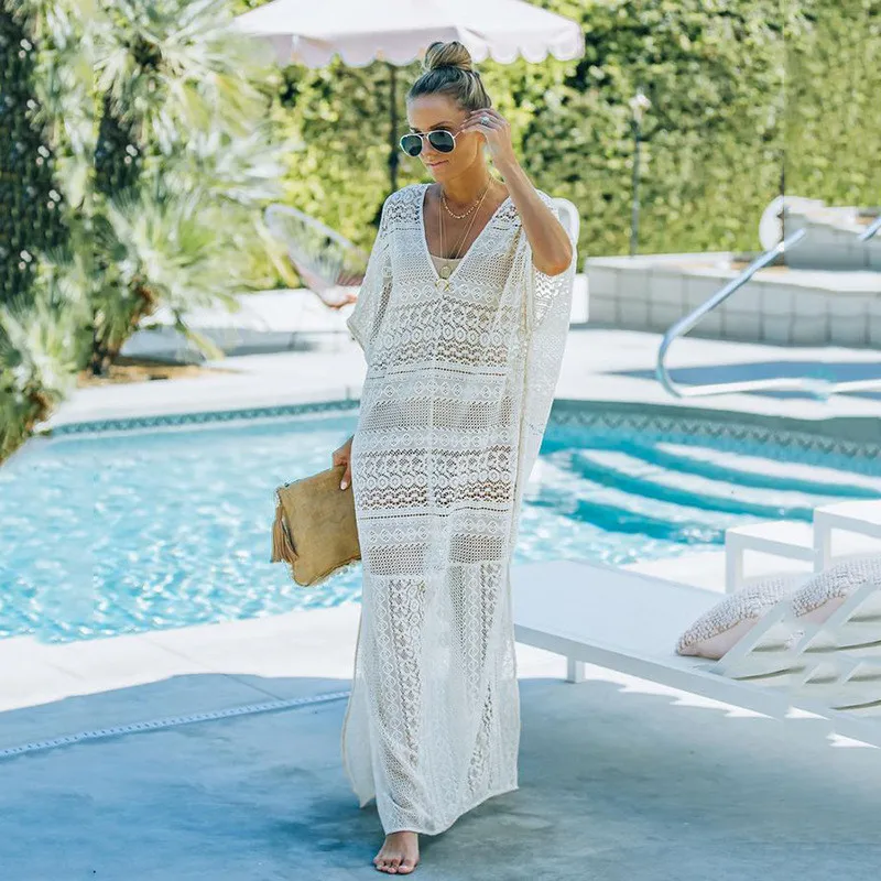 

[NODELAY] Sexy Lace Embroidery Cover Up Beach Women Kaftan Beach Tunic Dress 2022 Loose Bikini Cover Ups Plus size Swimwear
